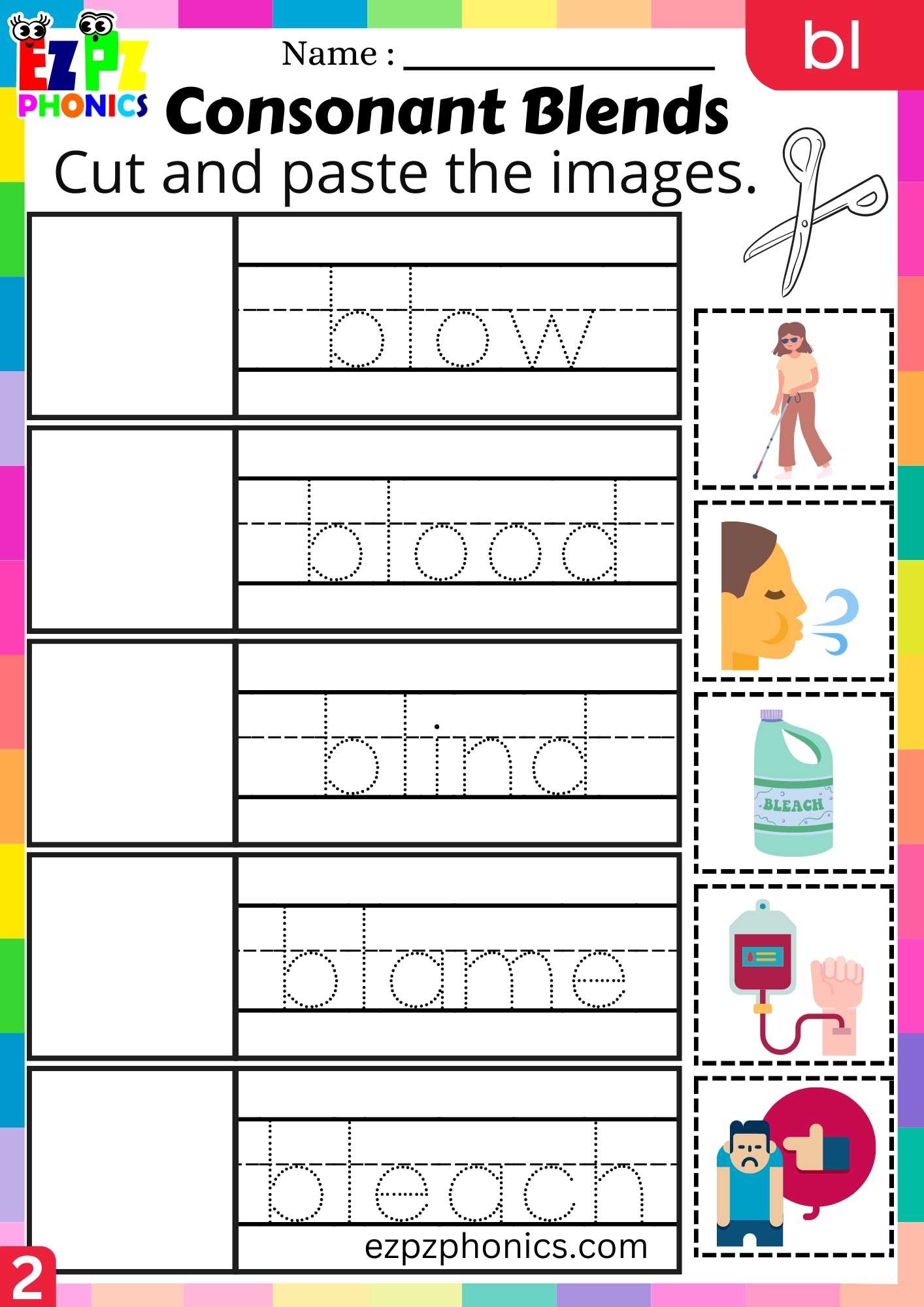 Group2 BL Words Cut And Paste The Images Phonics Consonant Blends Worksheet
